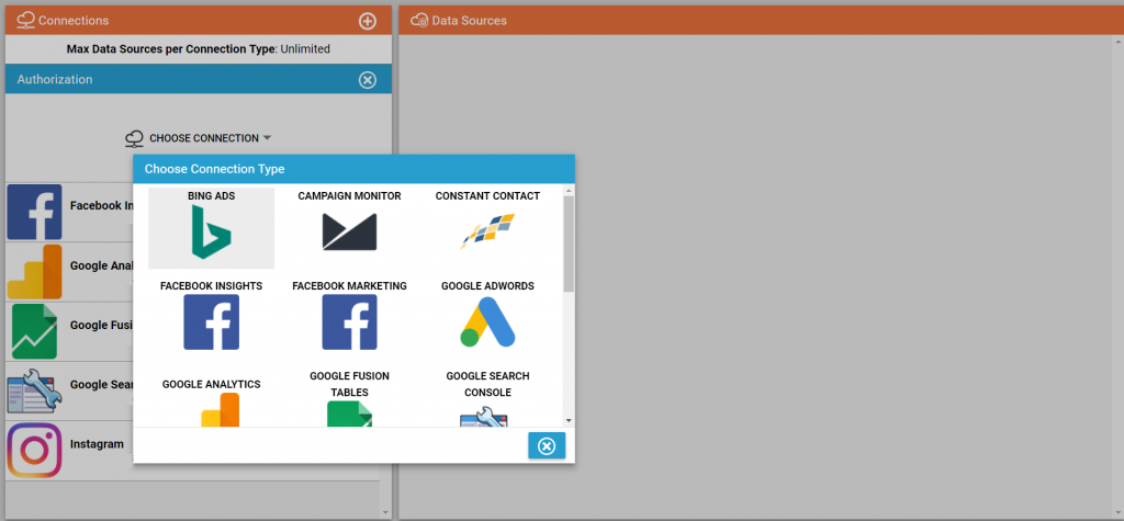 A screenshot showing where Deftly allows you to sync your digital marketing data with a variety of data connectors.